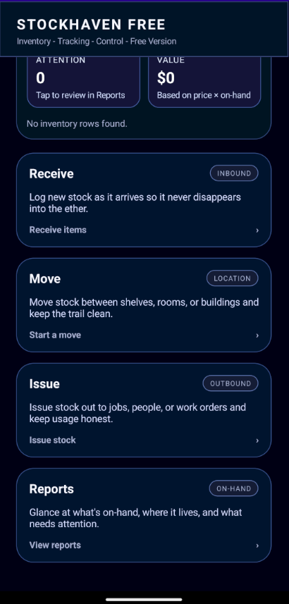 StockHaven inventory actions screen
