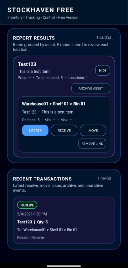 StockHaven receive inventory screen